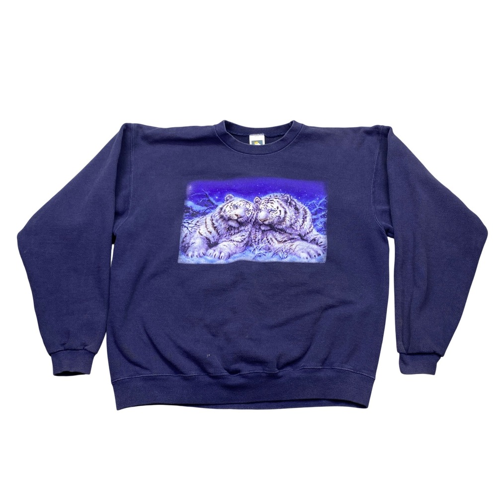 VTG Cotton Deluxe Fleece White Tiger Graphic Sweatshirt Navy Blue Large USA